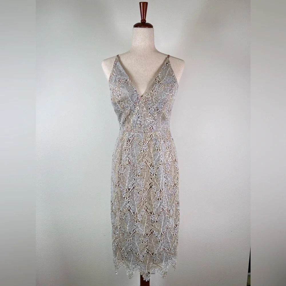 Dress the Population Mini Dress S Sequin Embroidered Leaf Spaghetti Strap Mini